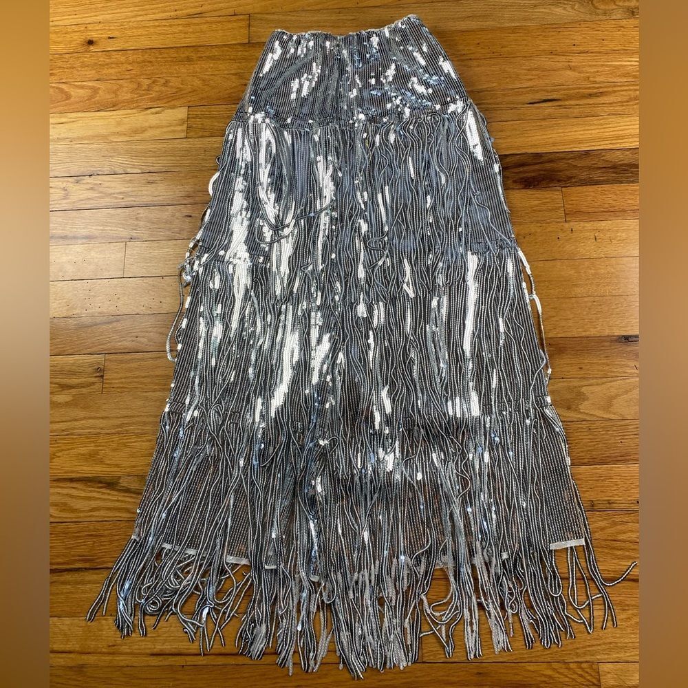 Anthropologie Maeve Tatiana Silver Sequin Fringe Skirt Size 2 - Picture 7 of 11